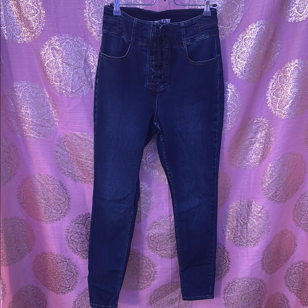 We the Free - Women's Dark Blue High-Waisted Front Lace Stretch Jeans